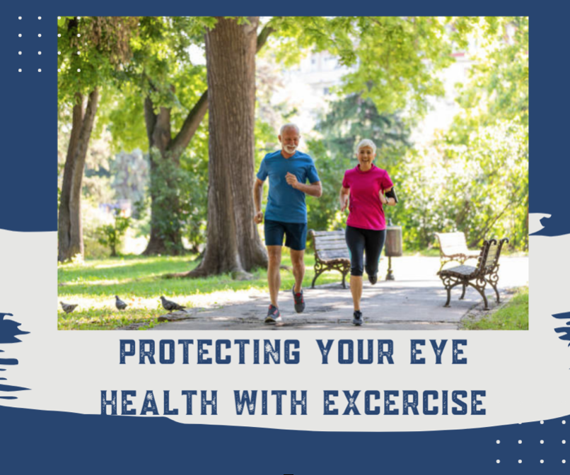 Older couple jogging in a park with the text Protecting Your eye Health with Exercise